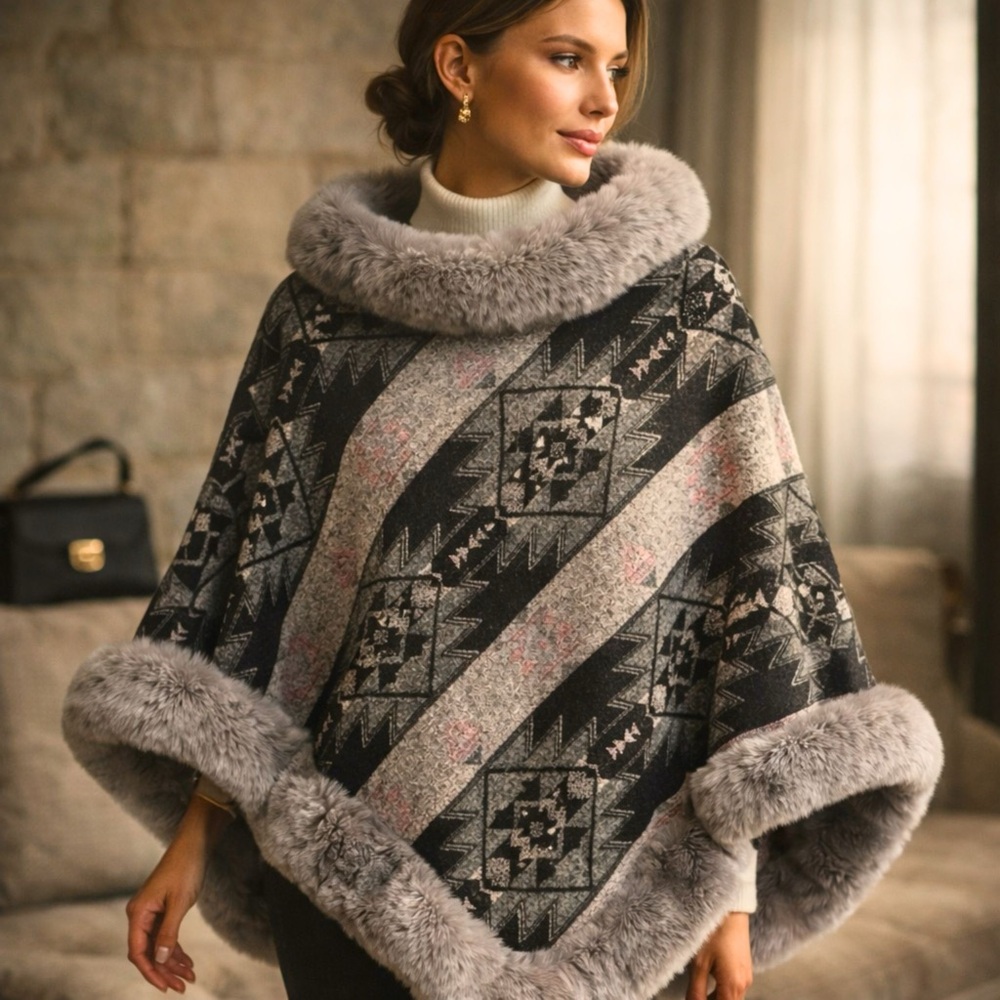 🖤 Model Pattern Faux Fur Trim Poncho / Cozy Luxe Wrap / One Size / Bundle & Save